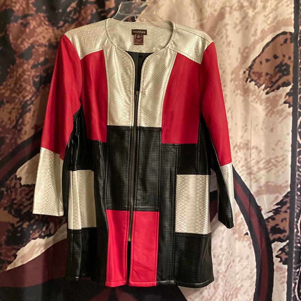 Multiples pleather jacket in red, black and pearl white